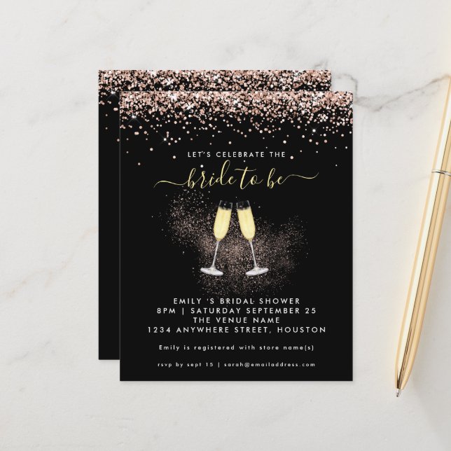 Budget Glitter Champagne Bridal Shower Invitation (Front/Back In Situ)