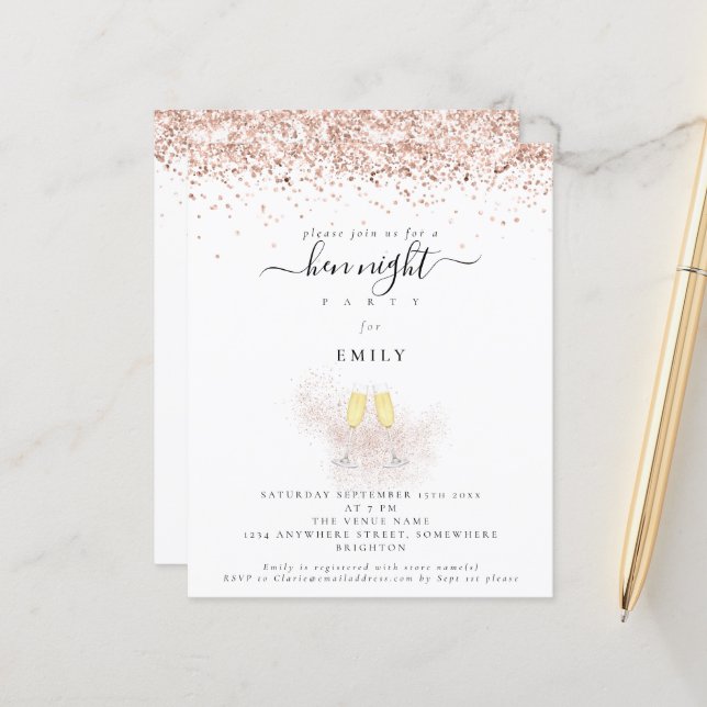 Budget Glitter Champagne Hen Night Invitation (Front/Back In Situ)