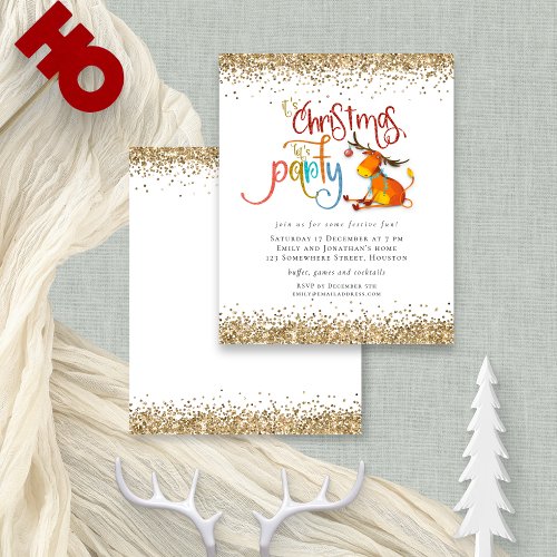 Budget Glitter Christmas Lets Party Deer Invite