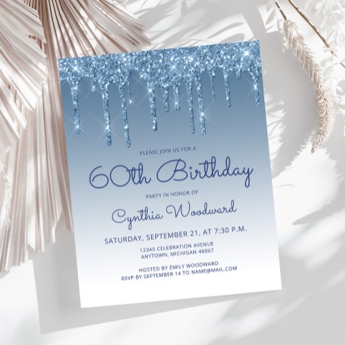 Budget Glitter Drip Blue 60th Birthday Invitation