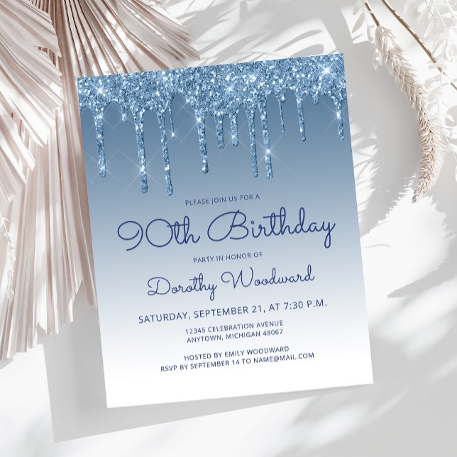 Budget Glitter Drip Blue 90th Birthday Invitation (Creator Uploaded)