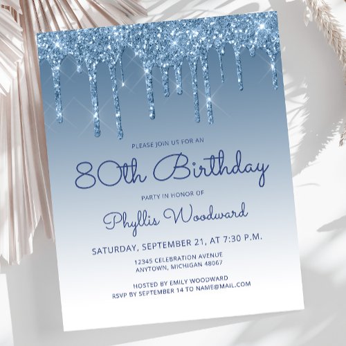 Budget Glitter Drip Blue Birthday Party Invitation