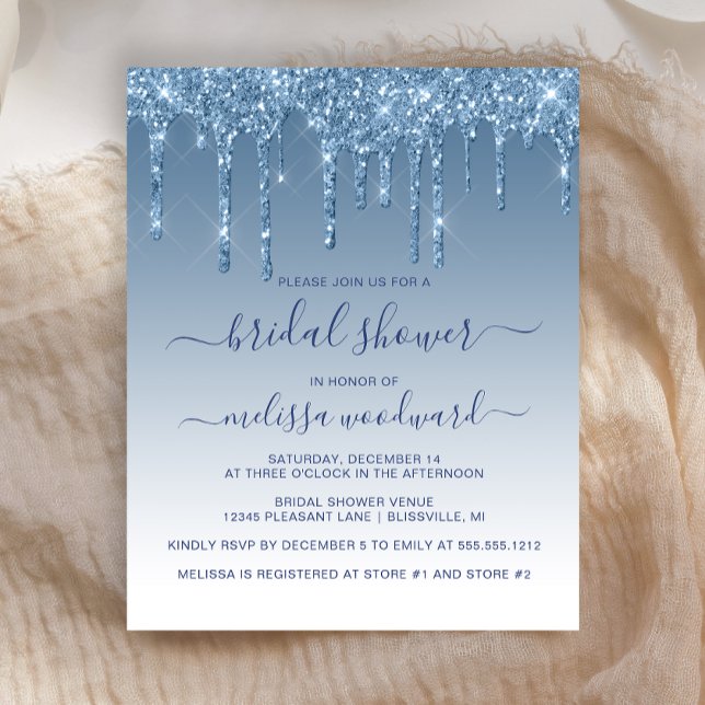 Budget Glitter Drip Blue Bridal Shower Invitation (Creator Uploaded)