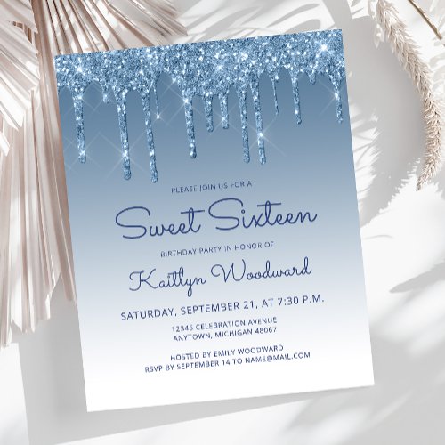 Budget Glitter Drip Blue Sweet 16 Invitation