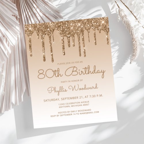 Budget Glitter Drip Gold 80th Birthday Invitation