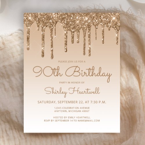 Budget Glitter Drip Gold 90th Birthday Invitation