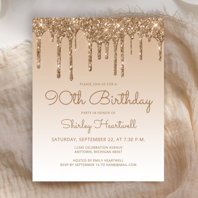 Budget Glitter Drip Gold 90th Birthday Invitation (Creator Uploaded)