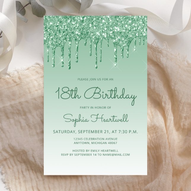 Budget Glitter Drip Green 18th Birthday Invitation (Creator Uploaded)