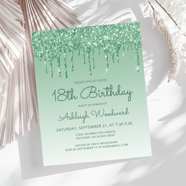 Budget Glitter Drip Green 18th Birthday Invitation (Creator Uploaded)