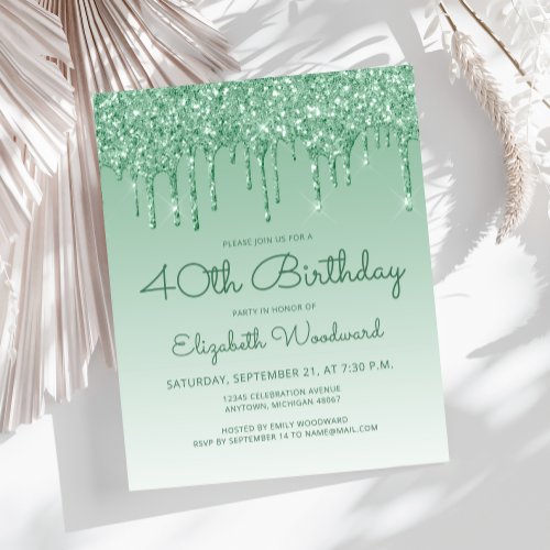 Budget Glitter Drip Green 40th Birthday Invitation