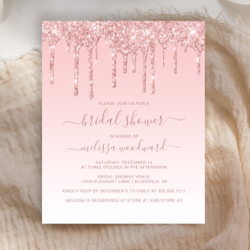 Budget Glitter Drip Pink Bridal Shower Invitation