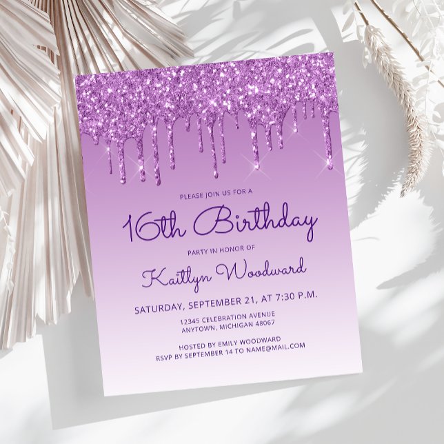 Budget Glitter Drip Purple 16th Birthday Invite (Creator Uploaded)