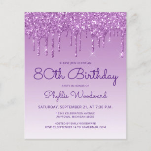 Budget Glitter Drip Purple 80th Birthday Invite