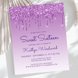 Budget Glitter Drip Purple Sweet 16 Invitation<br><div class="desc">This trendy Sweet Sixteen birthday party invitation features a sparkly purple faux glitter drip border and purple ombre background. The words "Sweet Sixteen" and the name of the guest of honor appear in casual purple handwriting script, with the rest of the customizable text in sans serif font. The same purple...</div>