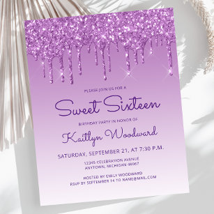 Budget Glitter Drip Purple Sweet 16 Invitation