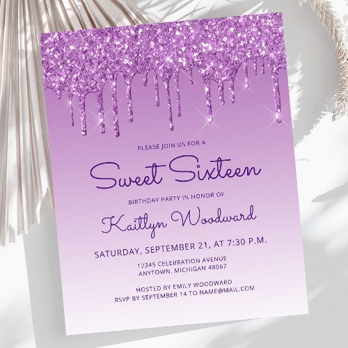 Budget Glitter Drip Purple Sweet 16 Invitation