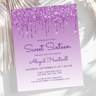 Budget Glitter Drip Purple Sweet 16 Invitation