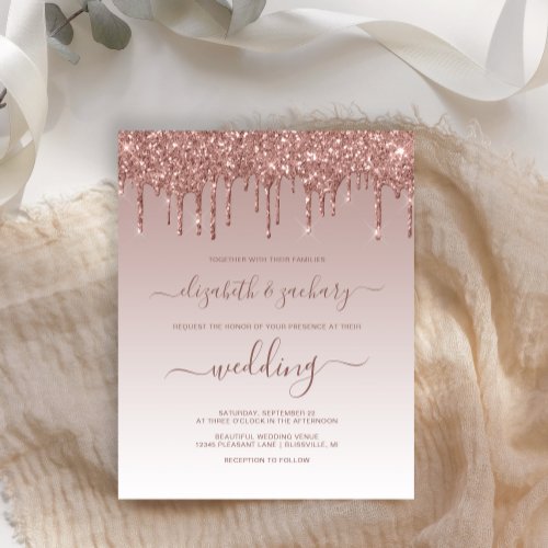 Budget Glitter Drip Rose Gold Wedding Invitation