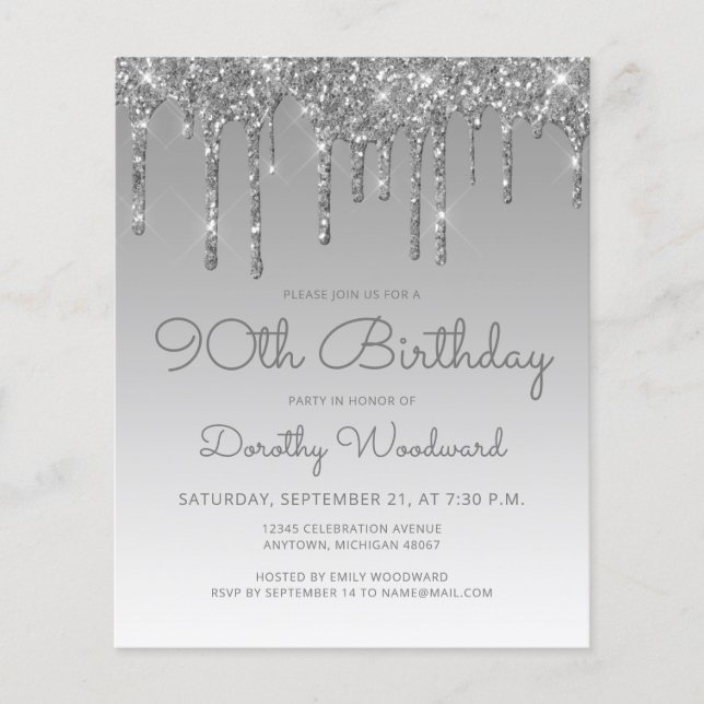Budget Glitter Drip Silver 90th Birthday (Front)