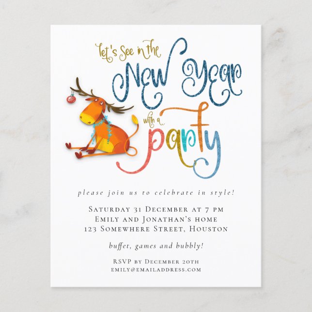Budget Glitter Funny Deer New Year Party Invite (Front)