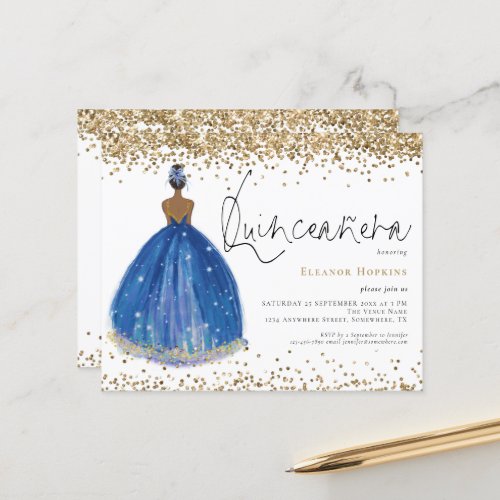 Budget Glitter Navy Dress Girl Quinceanera Invite