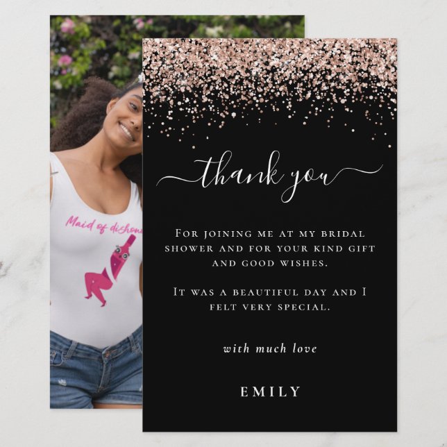 Budget Glitter Photo Bridal Shower Black Thank You (Front/Back)