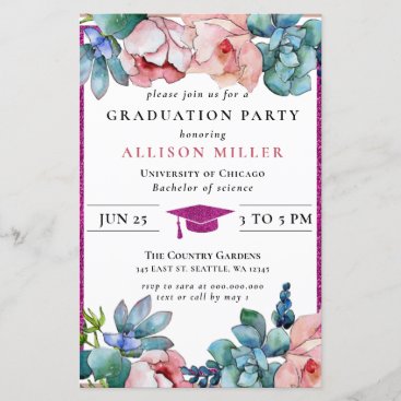 Budget Glitter Pink Floral Graduation Invitation