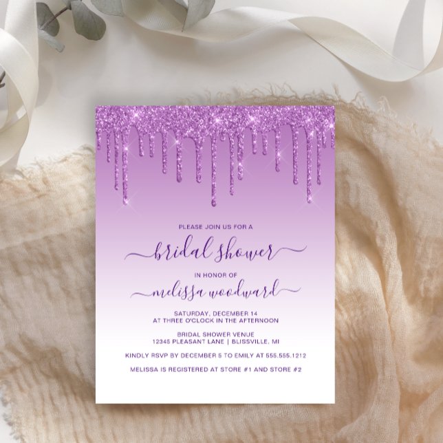 Budget Glitter Purple Bridal Shower Invitation