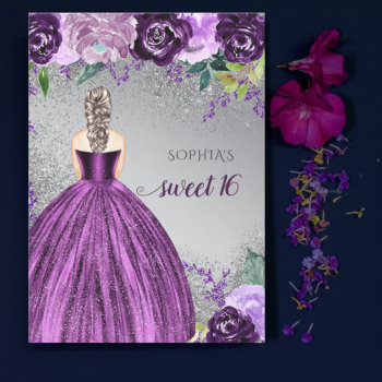 Budget Glitter Purple Dress Sweet 16 Invitation by Invitationboutique at Zazzle