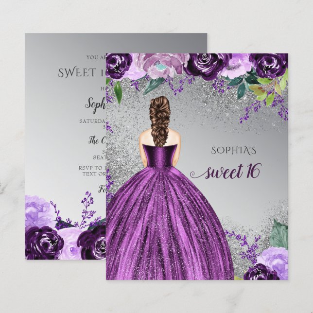 Budget Glitter Purple Dress Sweet 16 Invitation (Front/Back)