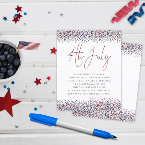 Budget Glitter Red Blue 4th July Party Invitation