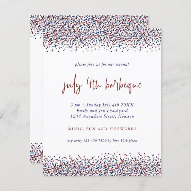 Budget Glitter Red Blue White 4th July BBQ Invite (Front/Back)