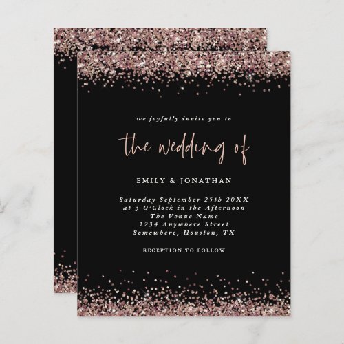 Budget Glitter Rose Gold Wedding Black Invitation