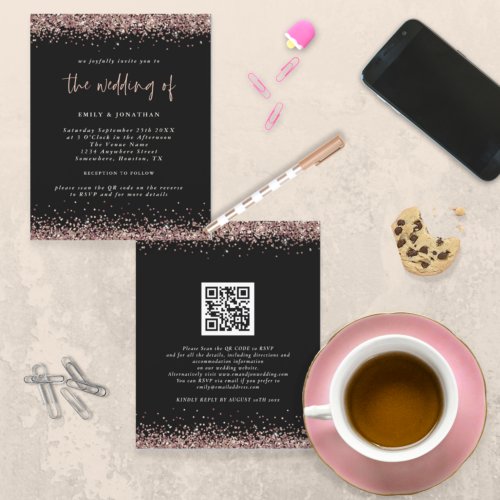 Budget Glitter Rose Gold Wedding QR Code Invite