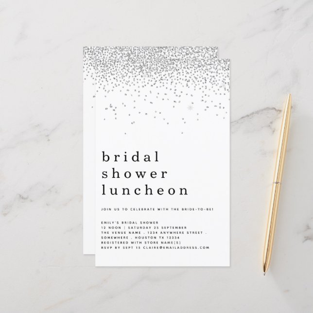 Budget Glitter Silver Bridal Shower Lunch Invite (Front/Back In Situ)