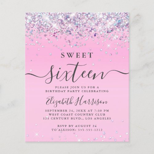 Budget Glitter Sweet 16 Birthday Party Invitation