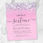 Budget Glitter Sweet 16 Birthday Party Invitation<br><div class="desc">Budget-friendly girly 16th birthday party invitation with sparkly holographic purple,  pink and silver faux glitter confetti against a pink background and "Sweet Sixteen" in a mix of elegant soft grey typography and a trendy script with swashes.</div>