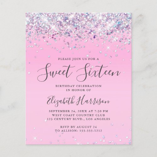 Budget Glitter Sweet 16 Birthday Party Invitation