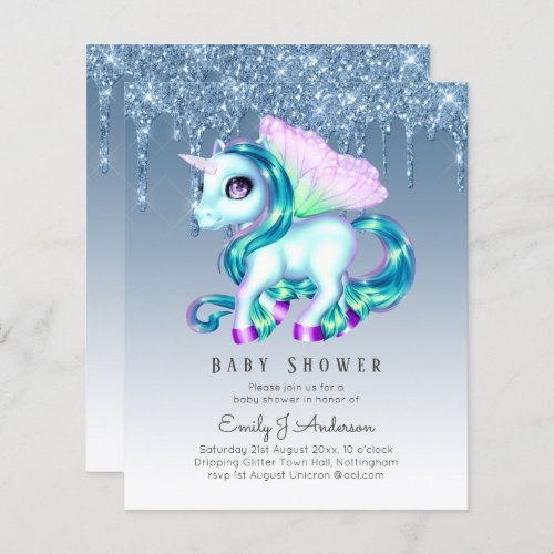 BUDGET Glitter Unicorn Baby Girl Shower Invitation
