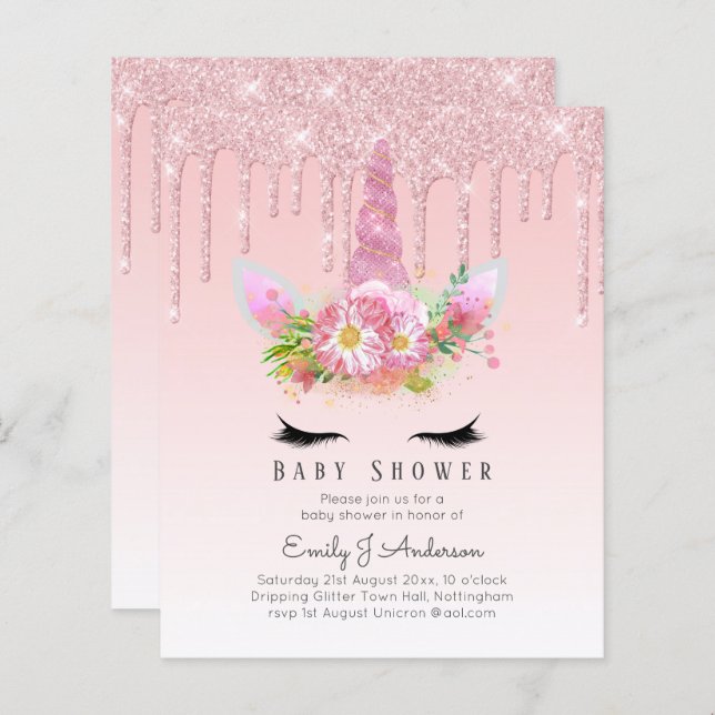 BUDGET Glitter Unicorn Baby Girl Shower Invitation (Front/Back)