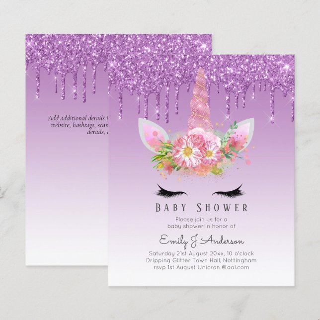 BUDGET Glitter Unicorn Baby Girl Shower Invitation (Front/Back)