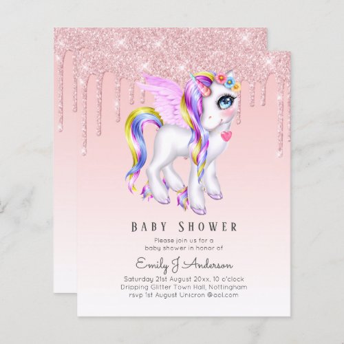 BUDGET Glitter Unicorn Baby Girl Shower Invitation