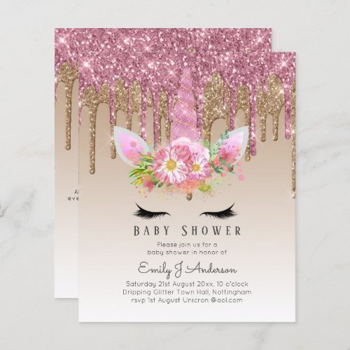 BUDGET Glitter Unicorn Baby Girl Shower Invitation