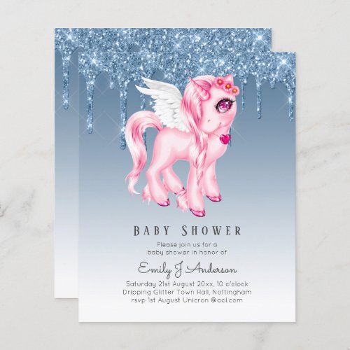 BUDGET Glitter Unicorn Baby Girl Shower Invitation