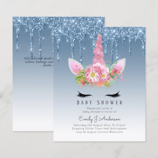 BUDGET Glitter Unicorn Baby Girl Shower Invitation (Front/Back)