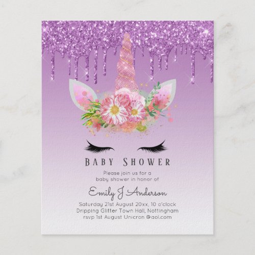 BUDGET Glitter Unicorn Baby Girl Shower Invitation Flyer