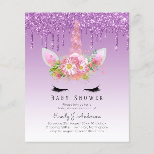 BUDGET Glitter Unicorn Baby Girl Shower Invitation Flyer