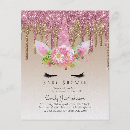 BUDGET Glitter Unicorn Baby Girl Shower Invitation Flyer