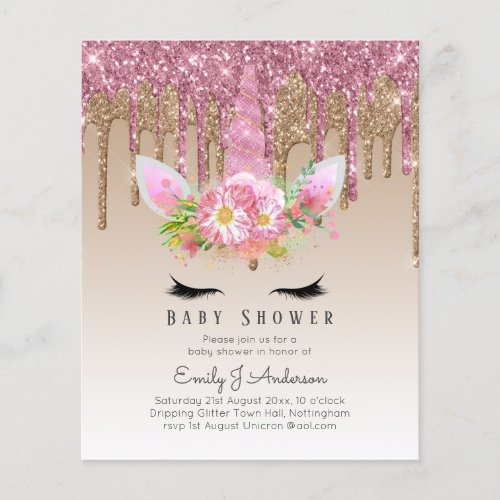 BUDGET Glitter Unicorn Baby Girl Shower Invitation Flyer