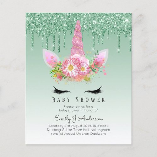 BUDGET Glitter Unicorn Baby Girl Shower Invitation Flyer